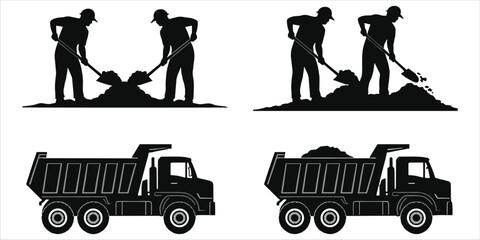 Silhouettes of construction workers shoveling and dump trucks on white background Keywords: construction, worker, silhouette © mstharisa