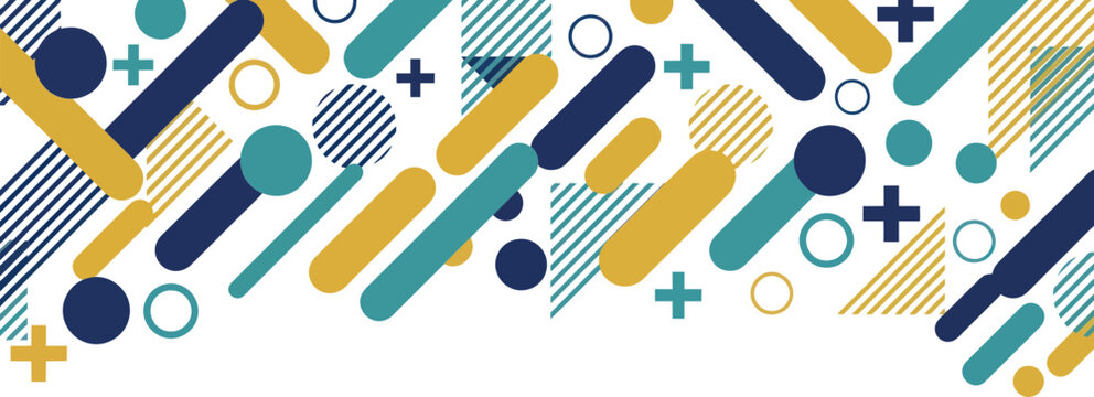 Modern Memphis Style Geometric Border Background with Teal and Yellow Shapes
