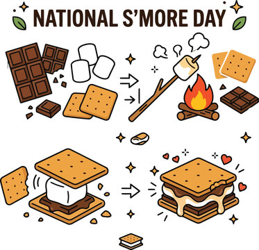 National Smores Day illustration showing step by step recipe for making toasted marshmallow snack
