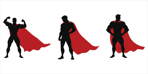 Three superhero silhouettes with red capes on white background Keywords: superhero, silhouette, man, male, cape, red, black © mstharisa
