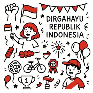 Cute Hand Drawn Doodle Element Set for Indonesian Independence Day Decoration and Celebration Vector Line Art