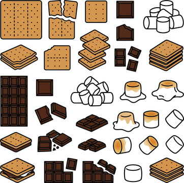 Smores ingredients set with crackers chocolate and roasted marshmallows in flat vector style