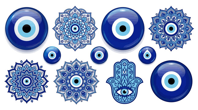 Ornate Turkish Nazar mandala with intricate Greek evil eye patterns representing a spiritual protection amulet used throughout Greece and Cyprus, featuring blue concentric circles of a talisman.