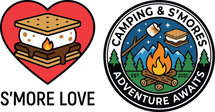 Camping s'mores logo badges with heart shaped marshmallow dessert and adventure badge design