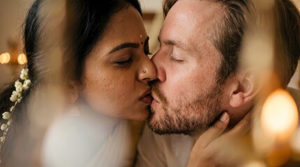 Obraz premium Authentic Multicultural Couple Sharing a Romantic Kiss – Luxury Honeymoon, Love, Intimacy, Wedding Romance, Emotional Connection
