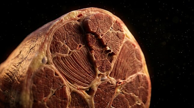 Muscle cross section shows the dense texture and intricate layout of human biological fibers.