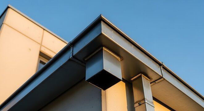 Low angle view of a modern building roof corner with a metal gutter system against a clear blue sky.