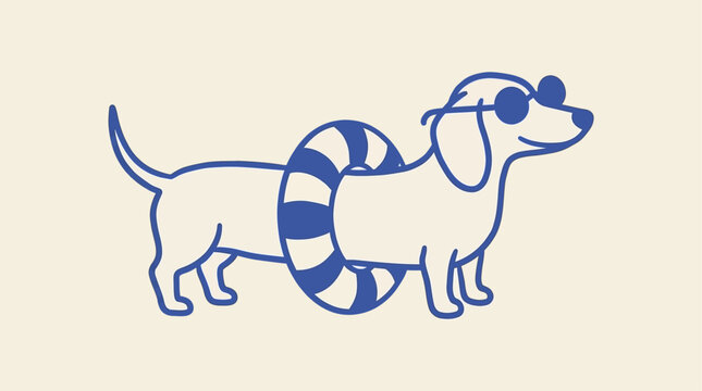 Adorable dachshund puppy wearing summer sunglasses and inflatable swim ring tube, hand-drawn doodle style black outline vector illustration of a cute sausage dog on beach vacation holiday.