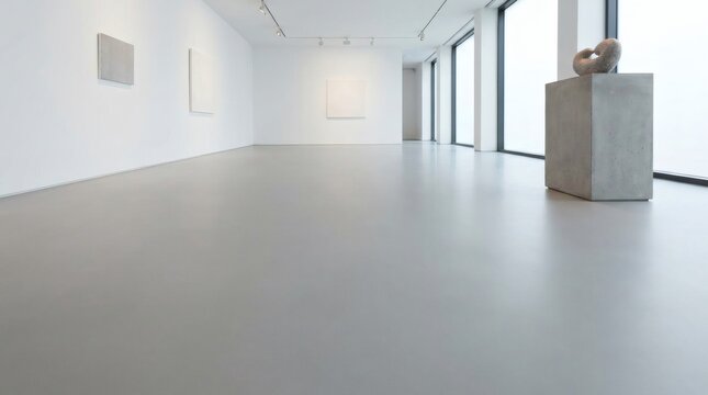 Modern minimalist art gallery interior with gray poured resin floor, white walls, and empty canvas paintings.