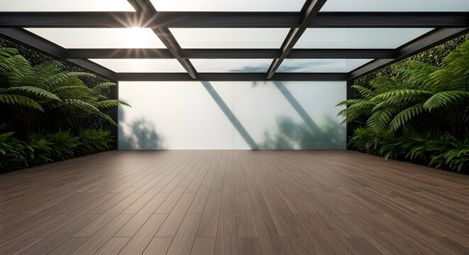 Modern minimalist interior space with wooden floor and lush green plants under a glass roof.