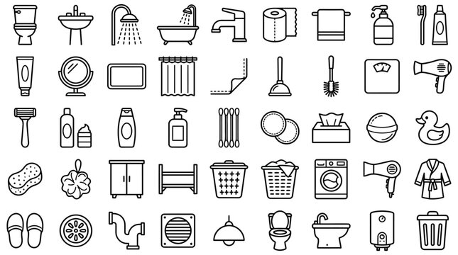 Professional Set of Forty-Five Minimalist Bathroom Outline Icons Featuring Editable Stroke Linear Vector Graphics for Modern Interior Design Hygiene Sanitation and Restroom Maintenance Symbol Kit