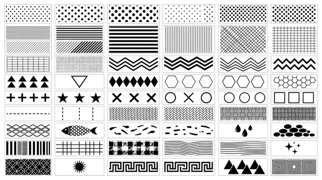 Comprehensive collection of fifty diverse basic black geometric patterns and minimalist textures isolated on a clean white background for graphic design inspiration and creative projects.