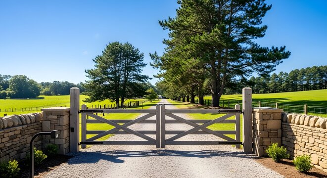 A beautiful wooden gate entrance to a private country estate with stone walls and trees.