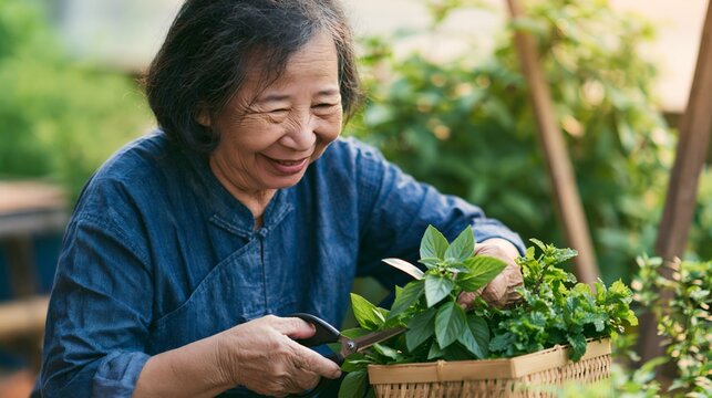 Senior female farmer harvesting fresh green herbs in a sunny garden