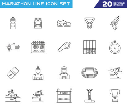 Marathon line icon set, editable stroke vector elements for running race, athletics, sports competition, fitness training, and marathon event