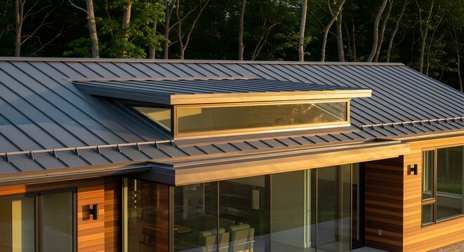 Modern house exterior featuring a sleek metal roof and large clerestory windows.