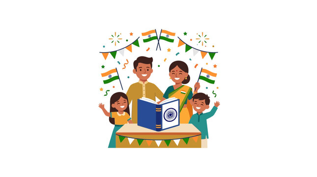 Happy Indian Family Celebrating with Election Voting Booth and Flags