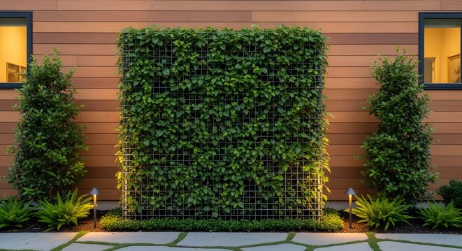 Modern exterior wall featuring a lush green vertical garden and wooden siding.