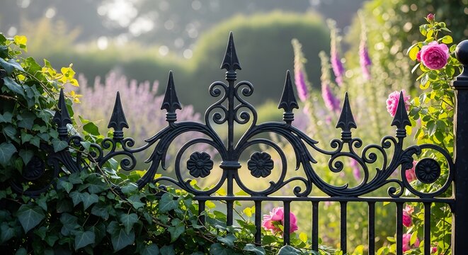 Decorative wrought iron garden fence with flowers and ivy in the background.