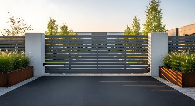 Modern gated entrance with metal fence and concrete pillars at sunset.