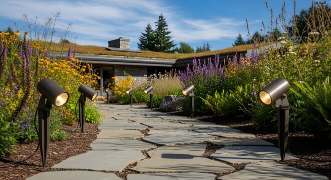 A stone pathway leading to a modern house with a green living roof surrounded by colorful flowers.