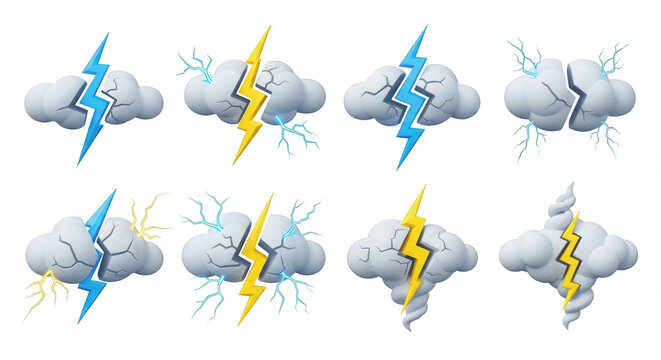 cartoon illustrations of thunderstorms with lightning bolts inside cracked clouds on a white backdrop weather reports educational purposes and design elements