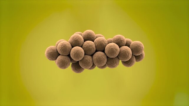 A 3D microscopic animation showing a grape-like cluster of staphylococcus bacteria cells floating against a solid yellow-green background. Ideal for medicine, biology education, and microbiology resea