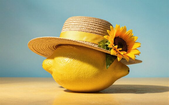 Yellow lemon wears straw hat with sunflower, sunny blue sky backdrop.