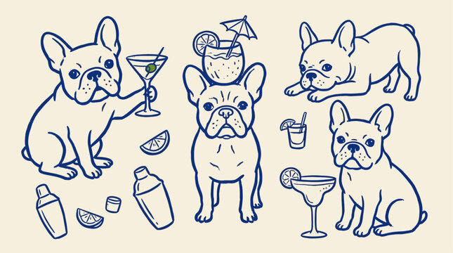 Naive drawn vector illustration of charming French bulldog sipping a refreshing colorful summer cocktail in a whimsical artistic sketch style for playful creative animal themed art.