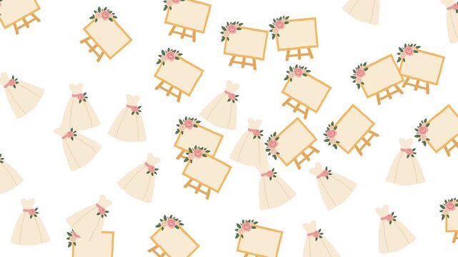 Floral wedding signs with white bridal gowns pattern are festive decorative graphics for wedding invitations and stationery designs. Perfect for elegant wedding themes.