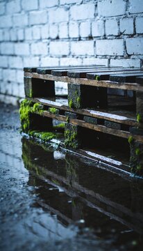 Wet mossy wooden pallet reflecting in a rainwater puddle against a white brick wall