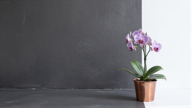 Purple orchid in copper pot against minimalist gray and white background.