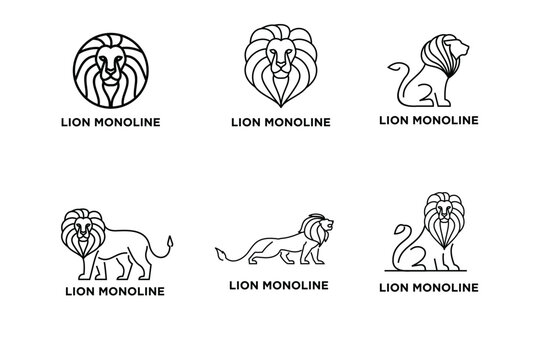 Six Minimalist Monoline Lion Logos and Icons - Modern Line Art Vector Collection for Branding and Emblems