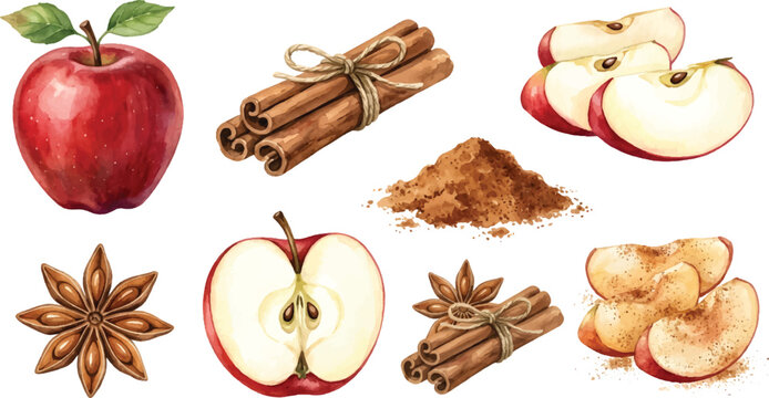 Vector Illustration Cozy Fall Watercolor Clipart Bundle with Apples, Spices and Warm Drinks