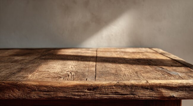 Rustic wooden table top bathed in sunlight against a textured wall, creating a warm and inviting scene