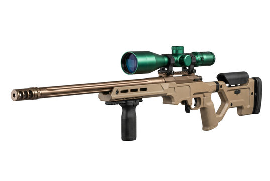 Custom Precision Sniper Rifle with Metallic Green Scope and Tan Chassis