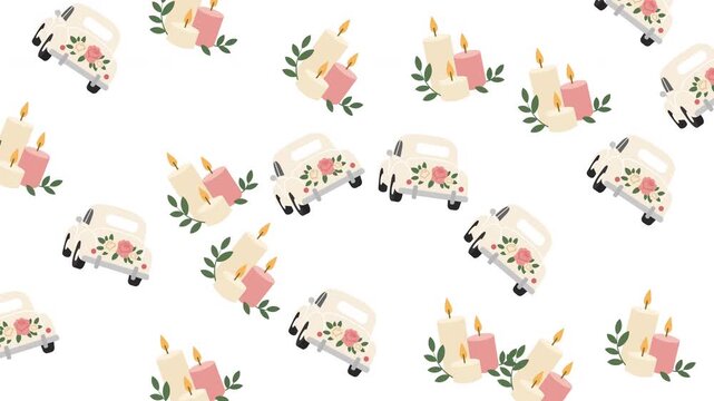 White vintage floral pickup truck, pink pillar candles, greenery, and festive pattern for festive event invitations, greeting cards, and holiday decorations.