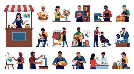 Fototapeta premium Flat Vector Characters Collection Illustrating Diverse Professions, Occupations, and Small Business Owners
