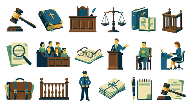 Flat Icon Set for Law and Justice Symbols: Gavel, Scales, Courtroom