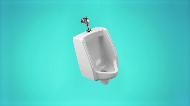 Detailed 3D model of a modern white ceramic urinal with metallic flush mechanism, isolated on a smooth turquoise cyan background. Great for bathroom fixture advertising, plumbing shop promos, commerci