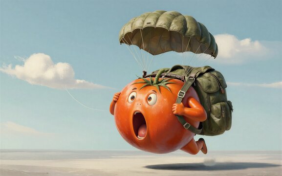 A cartoon tomato parachutes down, wearing a backpack and looking surprised.