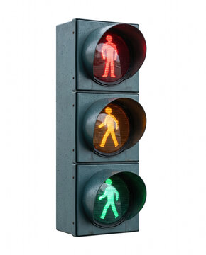 Vertical Pedestrian Signal Showing Red Yellow and Green Walking Man Icons