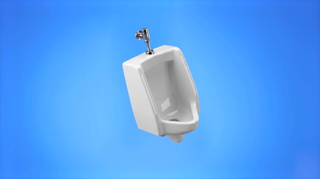 High-detail 3D model of a white porcelain ceramic wall-mounted urinal with chrome flush valve, isolated on a bright solid blue background. Perfect for public restroom design videos, commercial plumbin