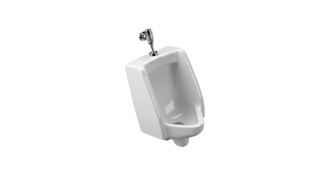 A clean white ceramic wall-mounted urinal with a chrome flush valve, isolated against a solid white studio backdrop. Designed for modern bathroom fixture catalogs, public restroom plumbing advertiseme