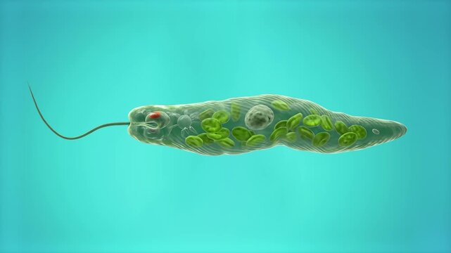 A detailed 3D microscopic animation of a single-celled euglena organism showing its flagellum, eyespot, and green chloroplasts floating against a soft teal backdrop. Ideal for biology lessons, scienti