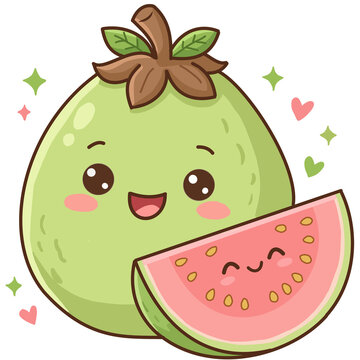 ​Cute kawaii guava character with a slice on a transparent background, adorable tropical fruit cartoon vector illustration