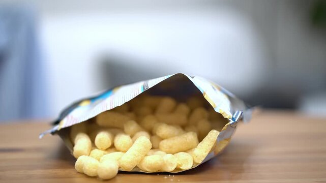 Woman's hand reaches into an open bag of crunchy corn cheese puffs and grabs a handful. Close-up shot of delicious savory snack on wooden table, perfect for food, craving and munching content.
