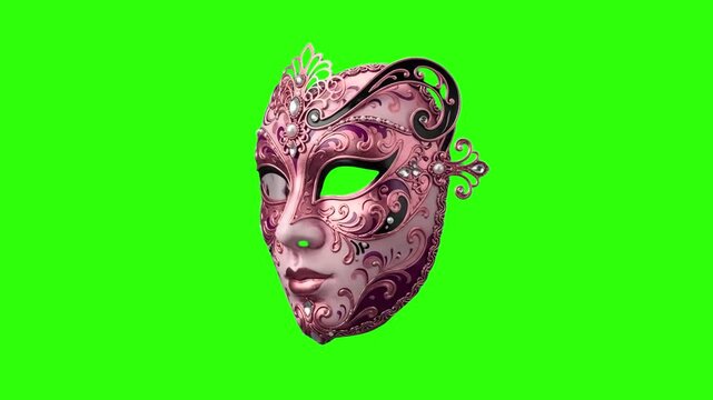 A highly detailed 3D render of an ornate pink Venetian carnival mask with beautiful baroque decorations, lace patterns, and pearl accents, spinning against a chroma key green screen background. Ideal 