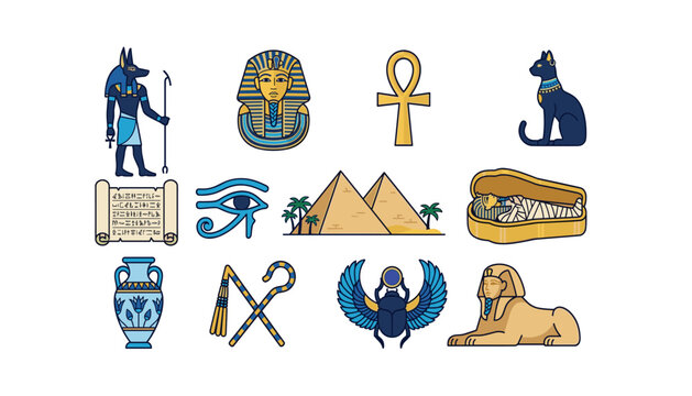 PrintEgyptian icon set with pharaoh mask pyramids anubis sphinx scarab ankh eye of horus mummy sarcophagus vectors