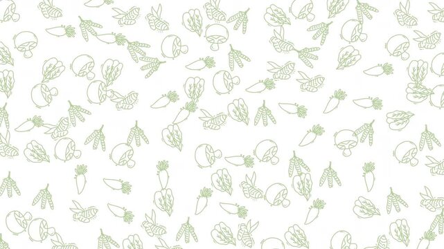 Animated seamless pattern of minimalist green outline vegetables on a clean white background. Features carrots, lettuce, mushrooms, and peas. Ideal for healthy eating, cooking, or vegan lifestyle